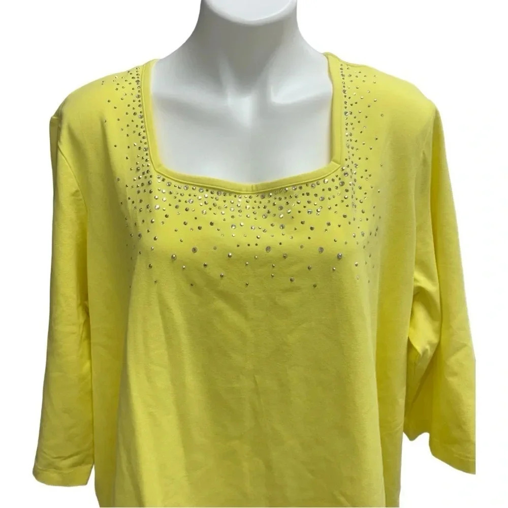 Quacker Factory Yellow Square Neck Sparkle Detail Tunic Top Tee Plus Size NWOT